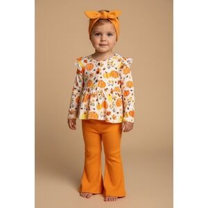NEW Pumpkin Print 3 Piece Outfit Girls 18-24M Peplum Top Ribbed Flare Pants